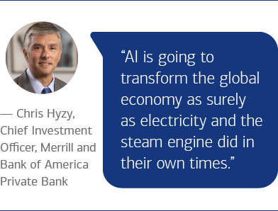 Chris Hyzy, Chief Investment Officer, Merrill and Bank of America Private Bank says “AI is going to transform the global economy as surely as electricity and the steam engine did in their own times.”