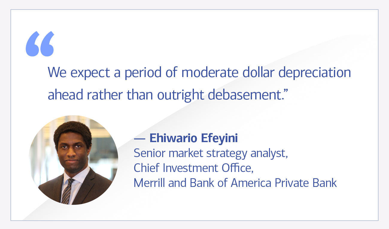 Ehiwario Efeyini, senior market strategy analyst, Chief Investment Office, Merrill and Bank of America Private Bank quote “We expect a period of moderate dollar depreciation ahead rather than outright debasement.”