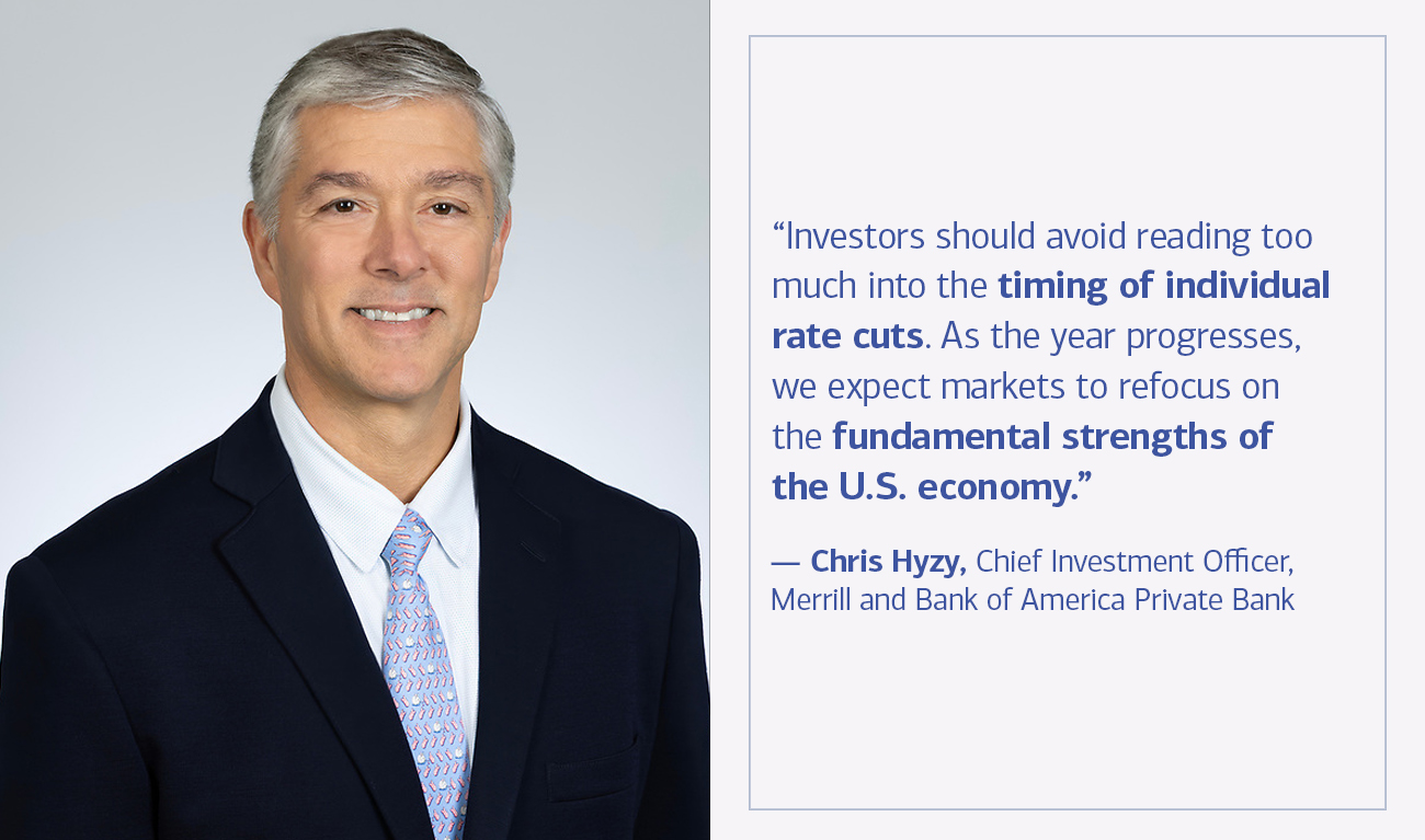 Chris Hyzy, Chief Investment Officer, Merrill and Bank of America Private Bank next to his quote “Investors should avoid reading too much into the timing of individual rate cuts. As the year progresses, we expect markets to refocus on the fundamental strengths of the U.S. economy.”