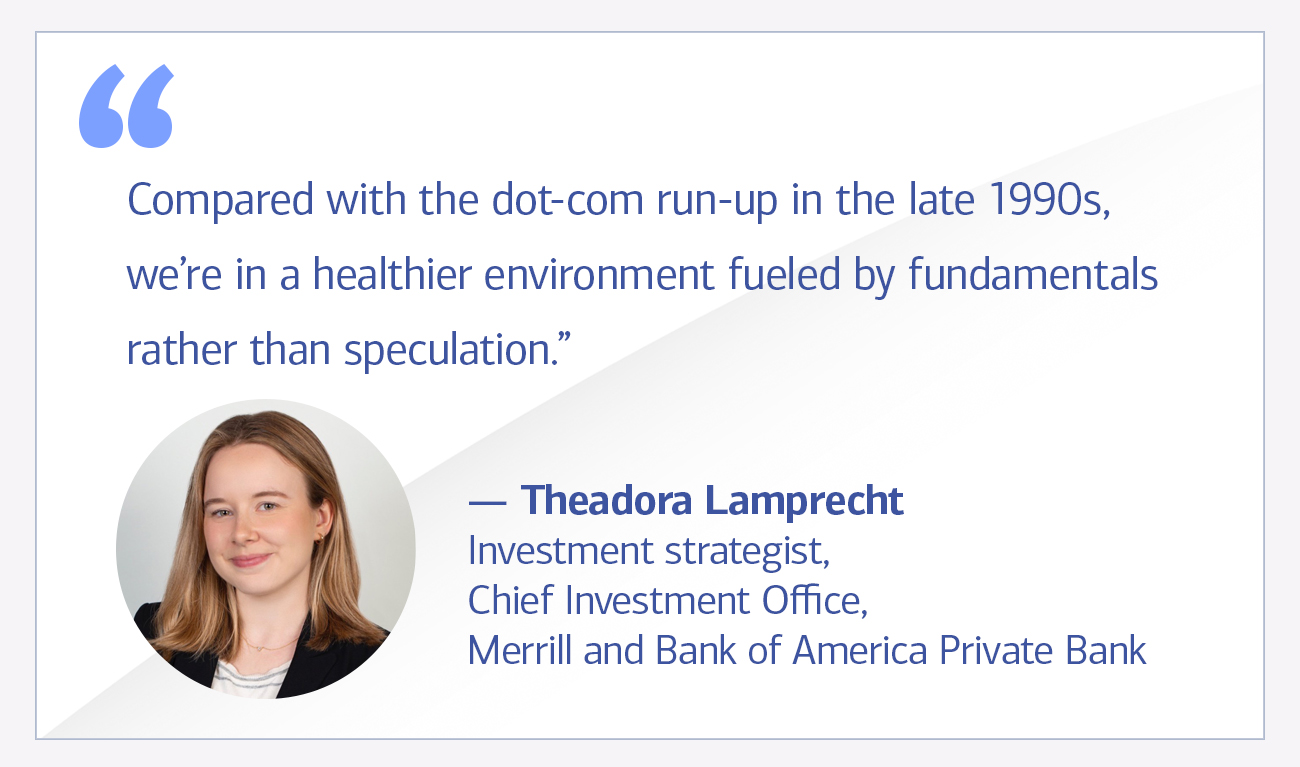 Theadora Lamprecht, investment strategist, Chief Investment Office, Merrill and Bank of America Private Bank quote “Compared with the dot-com run-up in the late 1990s, we’re in a healthier environment fueled by fundamentals rather than speculation.”