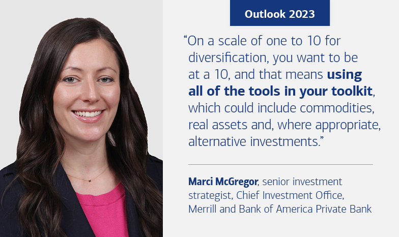 A slide labeled “Outlook 2023.” The text reads “On a scale of one to 10 for diversification, you want to be at a 10, and that means using all of the tools in your toolkit, which could include commodities, real assets and, where appropriate, alternative investments.” Marci McGregor, senior investment strategist, Chief Investment Office, Merrill and Bank of America Private Bank, shown at left.