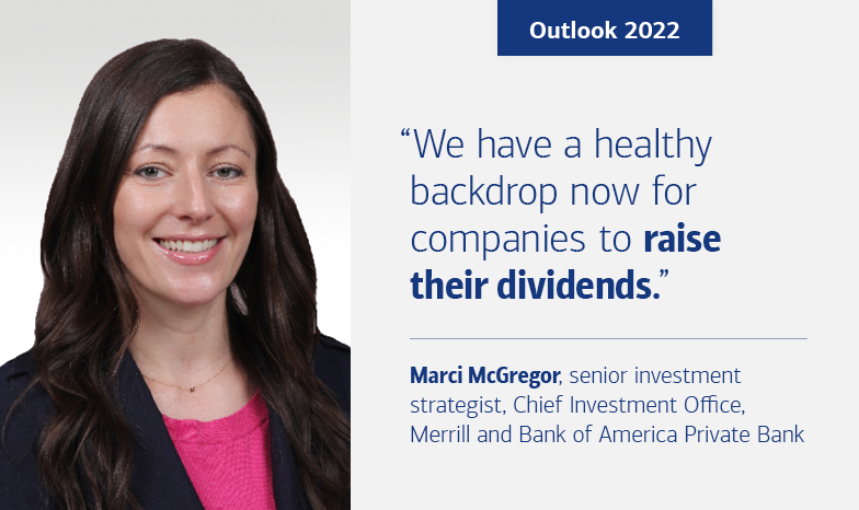 Slide 2. Hed reads, “Outlook 2022.” Portrait of “Marci McGregor, senior investment strategist, Chief Investment Office, Merrill and Bank of America Private Bank,” is to the left. Quote from McGregor reads, “We have a healthy backdrop now for companies to raise their dividends.”